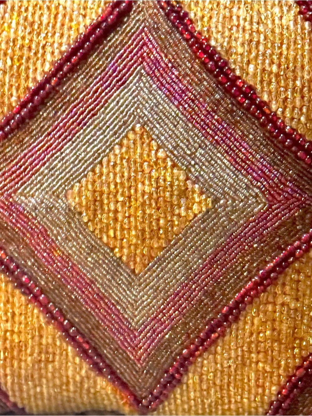 Pier 1 00’s Gold & Burgundy Glass Beaded Aztec Boho-Luxe Throw Pillow 11x11”